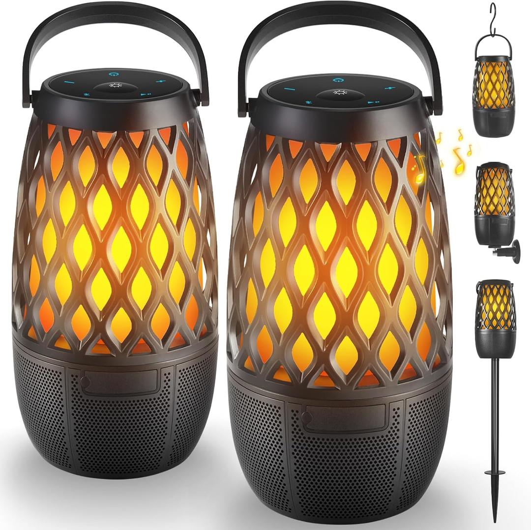 Outdoor Bluetooth Speakers Waterproof Wireless Outdoor Speakers with Flame Lights, Tech Gadgets Gift for Men Dad Her, Multi-Sync up to 100 Speakers, HD Stereo Sound, IPX5 for Patio Porch Party, 2 Pack