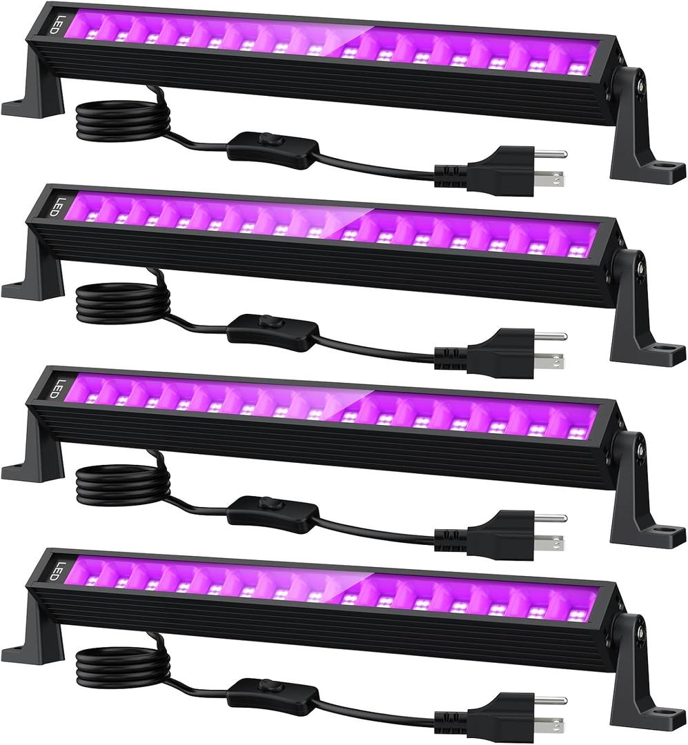 38W LED Black Light Bar, Blacklight Bars with Plug and Switch Light Up 22x22ft Area for Glow Party Halloween Parties Bedroom Decorations Stage Lighting 4 Pack