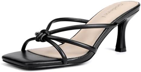 Goderci Kitten Strappy Heels for Women Knotted Square Open Toe Slip On Mule Heels Mid Heeled Sandals 8