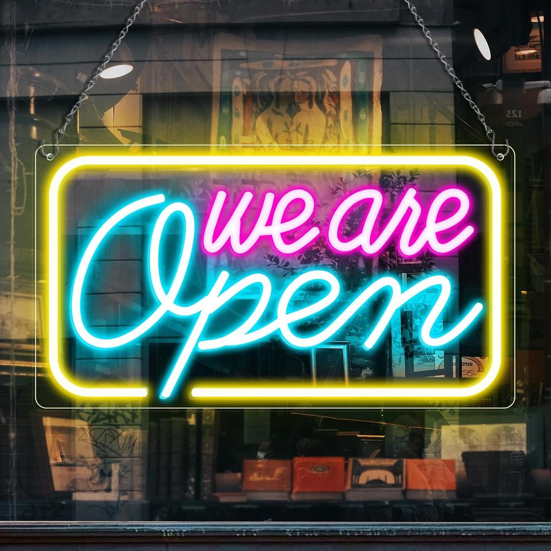 Neon We Are Open Signs for Business, 16.5''x 9'' Open Sign LED, Super Bright & Easy to Spot Open Neon Sign(Pink&Blue&Yello), with ON/OFF Switch & Adapter, Ideal for Window, Party, Wall, Bars, Coffee