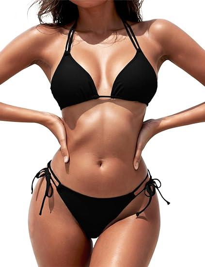 Women's Triangle Bikini Sets Two Piece Double Straps Halter Swimsuit Tie Side String Cheeky Bathing Suits (Black, Small)