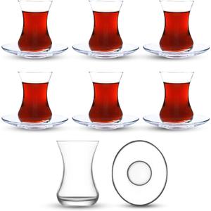 Turkish Tea Glass Set, Big Size, Slim Waist Design with Thick Base Prevent Tea From Getting Cold, Easy to Keep for 6 People, 6 Elliptical Saucers, 6 Glasses, Useful Set (12 Pieces)