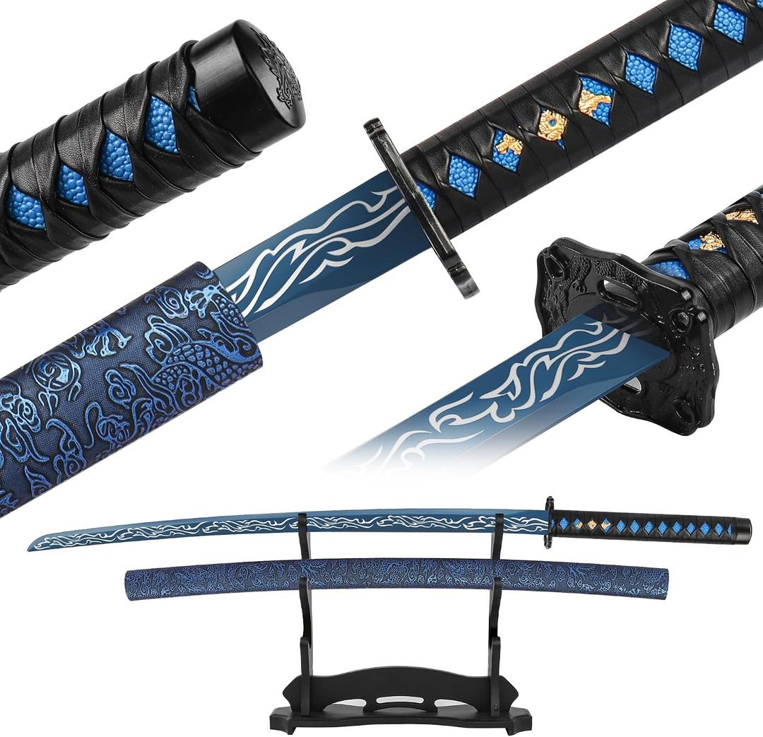 Hand-Forged Samurai Sword Carbon Steel Katana with Full Tang Structure, Traditional Style Practice Sword for Iaido Training, Collection & Home Display (Stand Excluded)