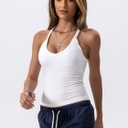 Danysu V Neck Racer Back Tank Top for Women Padded Ribbed Long Tank Fitted Basic Cami Tops (White, M)