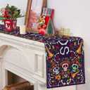 3 x LFIVEOOH Dia De Los Muertos Mexican Table Runner, Sugar Skull Decor, Rustic Linen Day of The Dead Decorations, Fiesta Party for Home Kitchen Dining Room, 7213 Inch