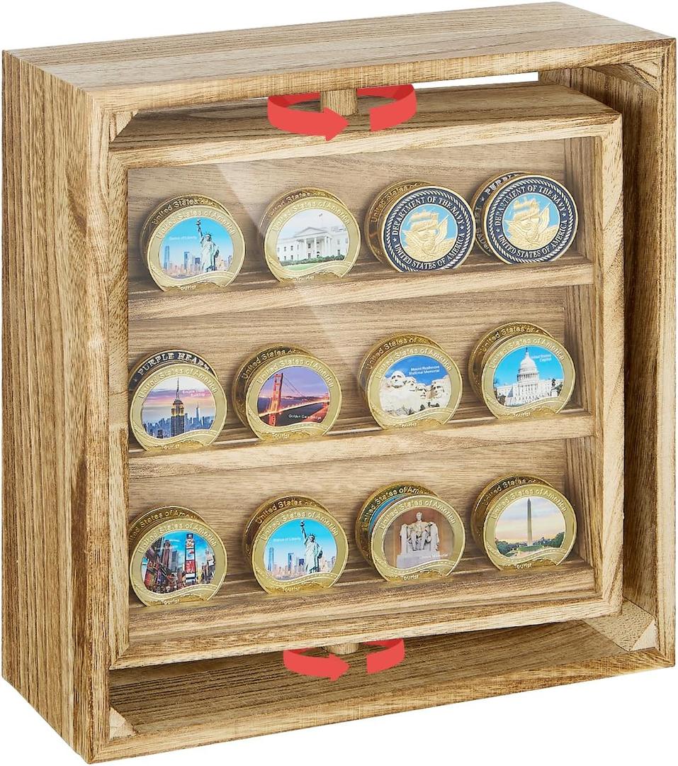 Double-Sided Challenge Coin Display Case, 360° Rotating Solid Wood Holder with Clear Dustproof Cover, Handmade Coin Rack for 33 Coins, Military Memorabilia Display Box for Veterans Gifts