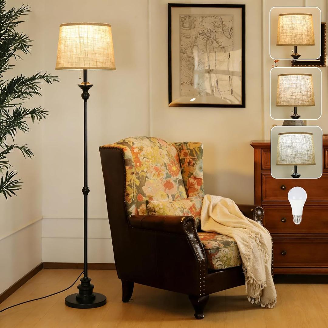 Black Floor Lamps for Living Room, Vintage Floor Lamp with LED Bulb, 3 Color Temperatures Metal Standing Lamp with Pull Chain Switch, Industrial Tall Lamp for Bedroom, Modern Stand Up Lamp for Office