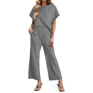 Tankaneo Womens Striped 2 Piece Sets Short Sleeve T Shirts Wide Leg Pants Matching Lounge Set with Pockets (Medium)