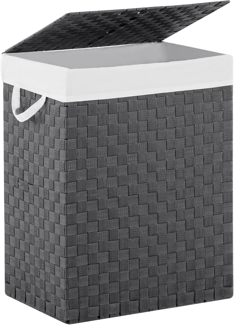 YOUDENOVA Handwoven Laundry Basket Hamper with Removable Liner Bag and Lid, Collapsible Clothes Hamper with Handle, Grey, 90L