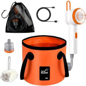 Portable Camping Shower Kit with Activated Carbon Water Filtration -Rechargeable Pump, Digital Display, LED Light, 5-Gallon Foldable Bucket for Outdoor Camping, Hiking, Pet Bath & Car Wash
