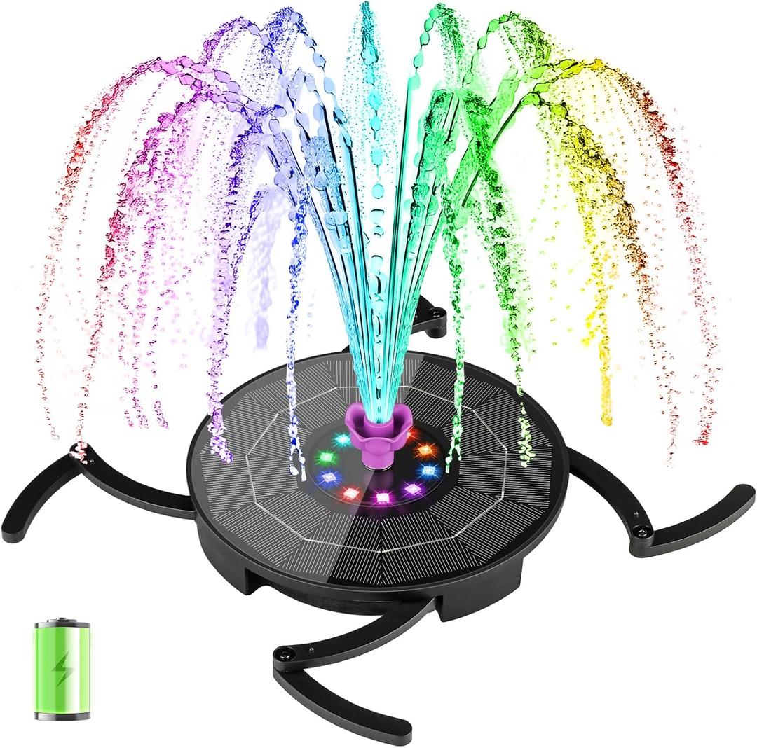 Solar Fountain Pump with 2000mah Battery & Works in Cloudy Day, Glass Solar Water Fountain with 10 LED Lights, 7 Nozzles and 3 Spray Height Adjustments, Solar Bird Bath Fountains for Garden, Pool, Pond
