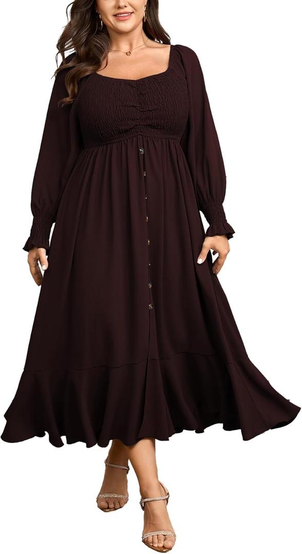 Plus Size Smocked Casual Maxi Dress for Curvy Women Long Sleeve Sweetheart Neckline Fall Dresses Button Down (Burgundy, XL)