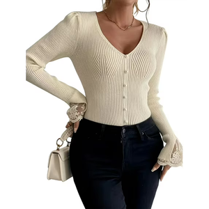 Women's V Neck Lace Long Sleeve Sweater Pearl Beaded Rib Knit Top, Large