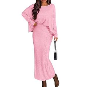 PRETTYGARDEN Women's Fall 2025 Two Piece Matching Skirt Sets Long Sleeve Tops Maxi Long Slit Bodycon Skirts Vacation Outfits (Pink, XX-Large)