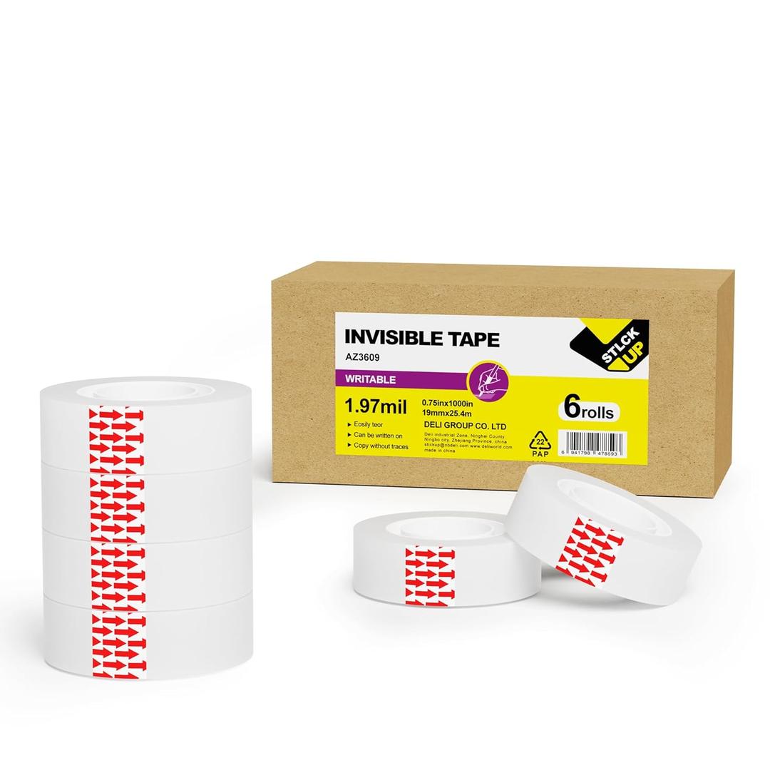 STICK UP Invisible Matte Tape Refill 6 Rolls, Clear Magic Adhesive Tape Bulk Hand Tearable for School Office Supplies Packing Repairing Scrapbook, Compatible with Tape Dispenser, 0.75in x 1000in