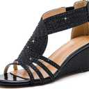 Women Wedge Sandals Sparkly Rhinestone Open Toe Fashion Dressy Sandals Evening Wedding Prom Shoes (Black, S)
