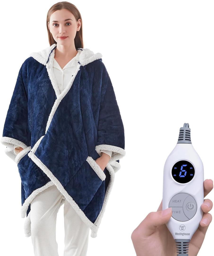 Westinghouse Wearable Heated Throw Blanket, Electric Heated Wrap Poncho Shawl with Pockets, 6 Heating Levels & 2 to 10 Hours Time Settings, 50 x 60 Inch, Navy