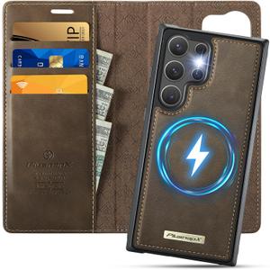 Wallet Case for Samsung Galaxy S25 Ultra Compatible with Magsafe, 2-in-1 PU Leather Flip RFID Blocking Card Holder Stand Shockproof Magnetic Detachable Cover for Galaxy S25 Ultra, Brown