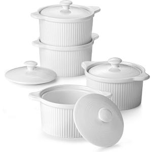 DOWAN 7 oz Ramekins with Lids Oven Safe, Creme Brulee Ramekins with Cover and Handle, Stackable Ceramic Bowls for Baking, Pudding, Dipping, Souffle Dish, Set of 4, White