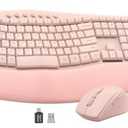 Pink Quiet Wireless Keyboard and Mouse Combo, 2.4G Ergonomic Wave Key Board with Cushioned Plam Rest, Full-Size Soft Typing Keyboards, 3 DPI Adjustable Silent Mouse for Computer/ Laptop/ Windows/ Mac