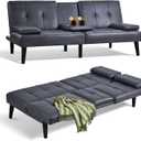 COLAMY Leather Futon Sofa Bed - Small Couch With Cup Holder, Removable Armrest, Adjustable Backrest - Convertible Lounge in Darkgrey