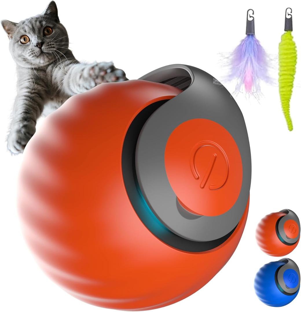 6 x Interactive Cat Ball for Indoor Cats - Dual-Speed Automatic Rolling Ball Toy with 90Min Run Time, Plush + Feather Tails, Energetic Cat Chase Exercise, Blue/Orange, 1PC