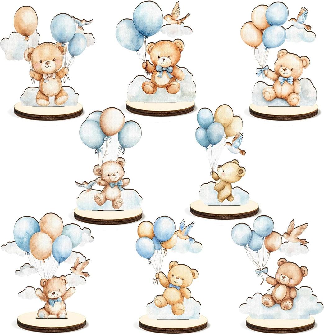 16 Pcs Wooden Baby Shower Table Centerpiece Blue Bear Tabletop Detachable Sign It's A Boy Gender Reveal Table Toppers Display Decoration Bear Birthday Photo Props Party Favor Supplies