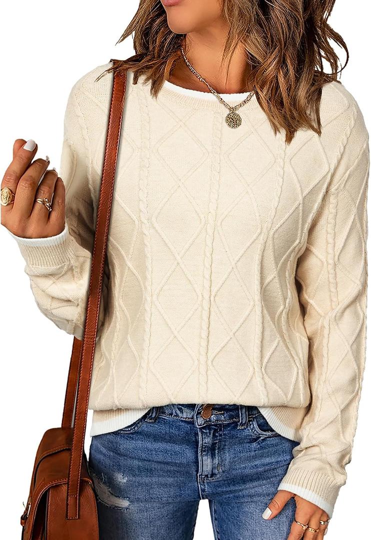 EVALESS Womens Sweaters Long Sleeve Crewneck Color Block Pullover Tops 2025 Fall Trendy Cable Knit Sweater (Beige, S)