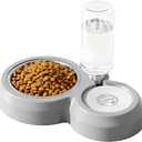 Double Dog Cat Bowls, Cat Food and Water Bowl Set with Auto-Water Dispenser and Stainless Steel Bowl Feeder for Small Size Dogs & Cats, Gift of Anti-Slip Mat, Chic Gray