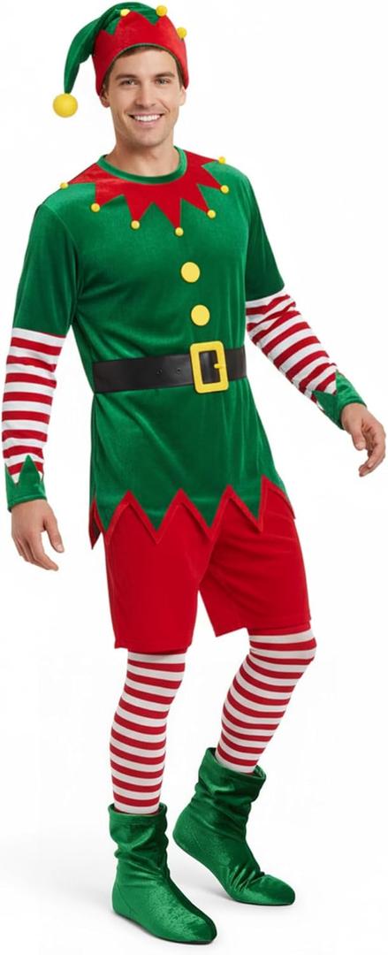 Hillban Mens Christmas Elf Costume Adult Elf Costume Christmas Santa Helper Cosplay Suit with Hat Striped Socks (Medium, Red and Green)