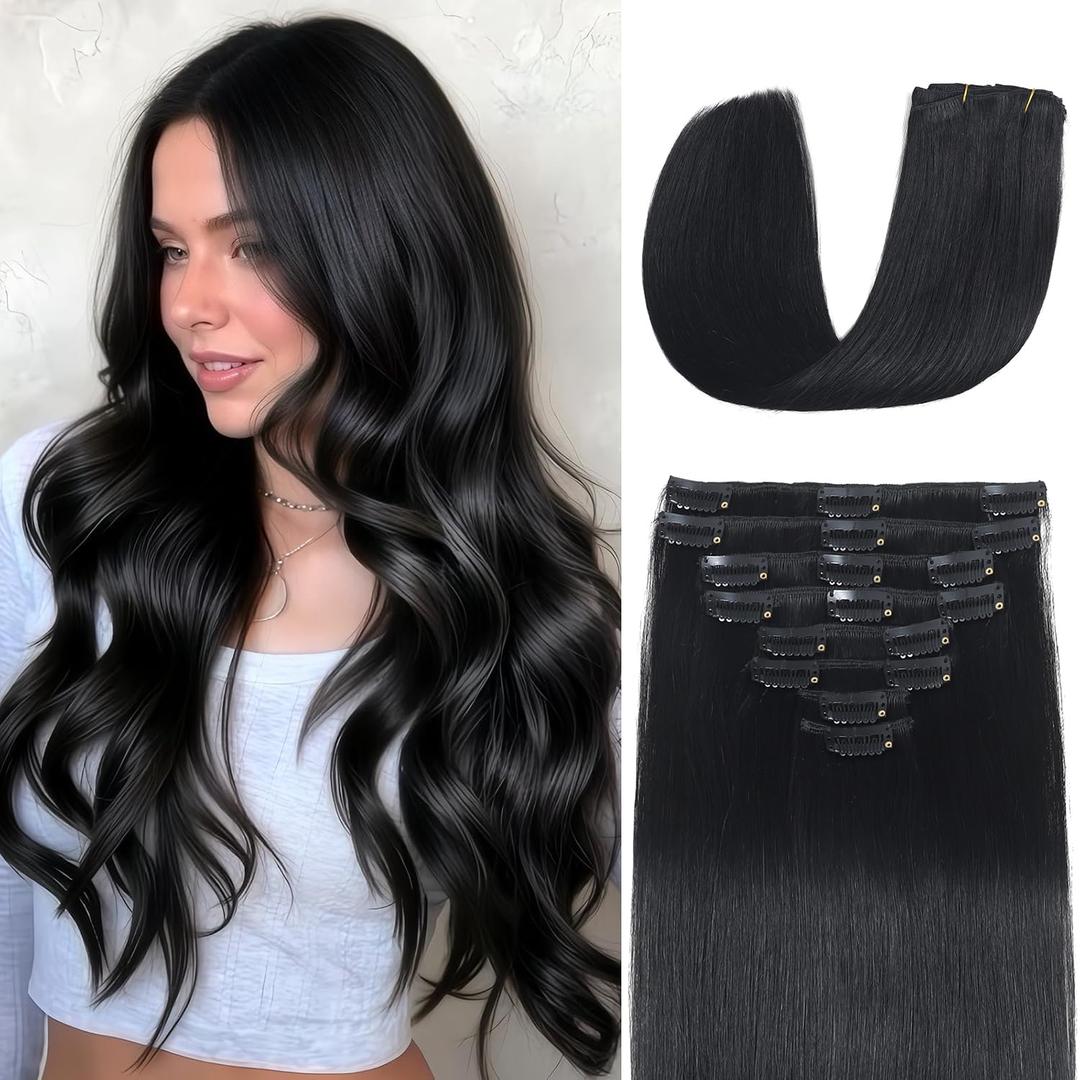 Clip in Hair Extensions Real Human Hair 20 inch 105g/3.7oz Straight Seamless Invisible Human hair Extensions Clip ins for Women Double Weft 8pcs #1-Jet Black
