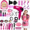 Hair Salon Toys for Girls, 36PCS Kids Pretend Play Makeup Sets, Dress Up Beauty Hair Stylist Toy Kit with Barber Apron, Hair Dryer, Curling Iron, Mirror, Scissors and Styling Accessories