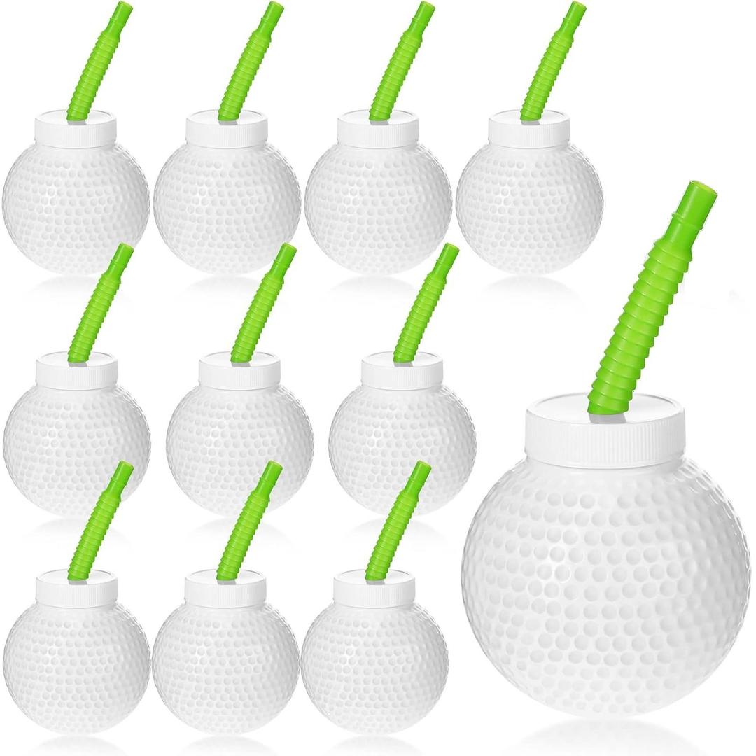 Sawysine 11 Set Golf Ball Cups with Straws and Lids - 10 oz Reusable Golf Plastic Cups Bulk for Kids Birthday Theme Party Supplies