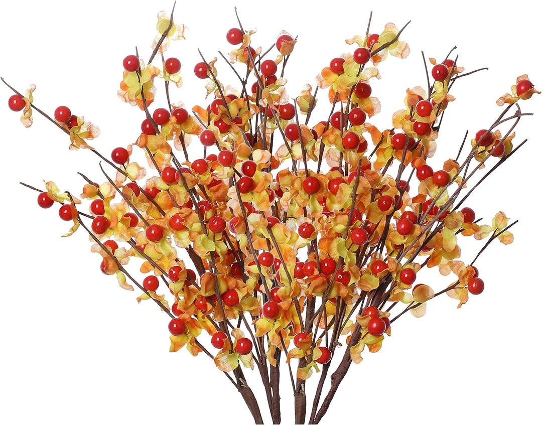 JFLORU 6 Pack Fall Picks,17 Tall Fall Berry Stems Autumn Orange Spray with Red Berries for Fall Home Decor and Thanksgiving Day Harvest Festival Celebration (Orange Leaves and Red Berries)