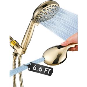 High Pressure 10 Setting Handheld Shower Head, 5" Detachable Showerhead Spray Built-in Power Wash to Clean Tub, Tile & Pets, 79" Extra Long Stainless Steel Hose, Adjustable Bracket - Gold
