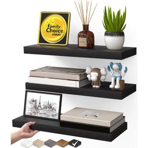 BAYKA Floating Shelves for Wall, Wall Mounted Rustic Wood Shelves for Bathroom, Bedroom, Living Room, Kitchen, Hanging Shelf for Books/Storage/Room Decor with 22lbs Capacity (Black, Set of 3, 15.7in) (A. Black - Universal Classic Style)