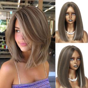 Higlight brown Bob Wigs Glueless Straight Wigs For Women Synthetic Heat Resistant Fiber Hair long bob wig Middle Part Brown Mixed Blonde Bob Wigs medium length wigs for women 16inch(Higlight brown) (blonde mixed brown wig)