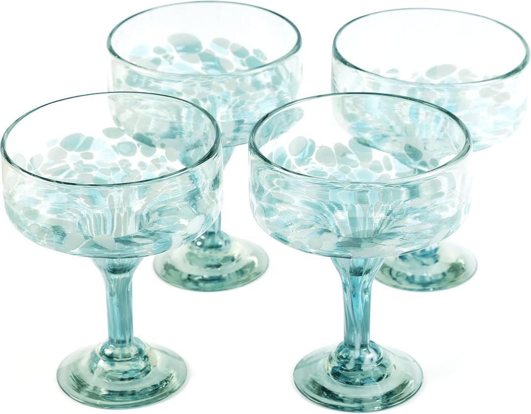 16 oz Hand Blown Mexican Margarita Glasses Set of 3 - Ocean-Blue Confetti