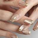 Gold French Tip Press on Nails Square Short Fake Nails Cat Eye Acrylic Nails Press ons Glossy Nature Artificial False Nails Full Cover Glue on Nails for Women Girls Manicure Deco 24Pcs