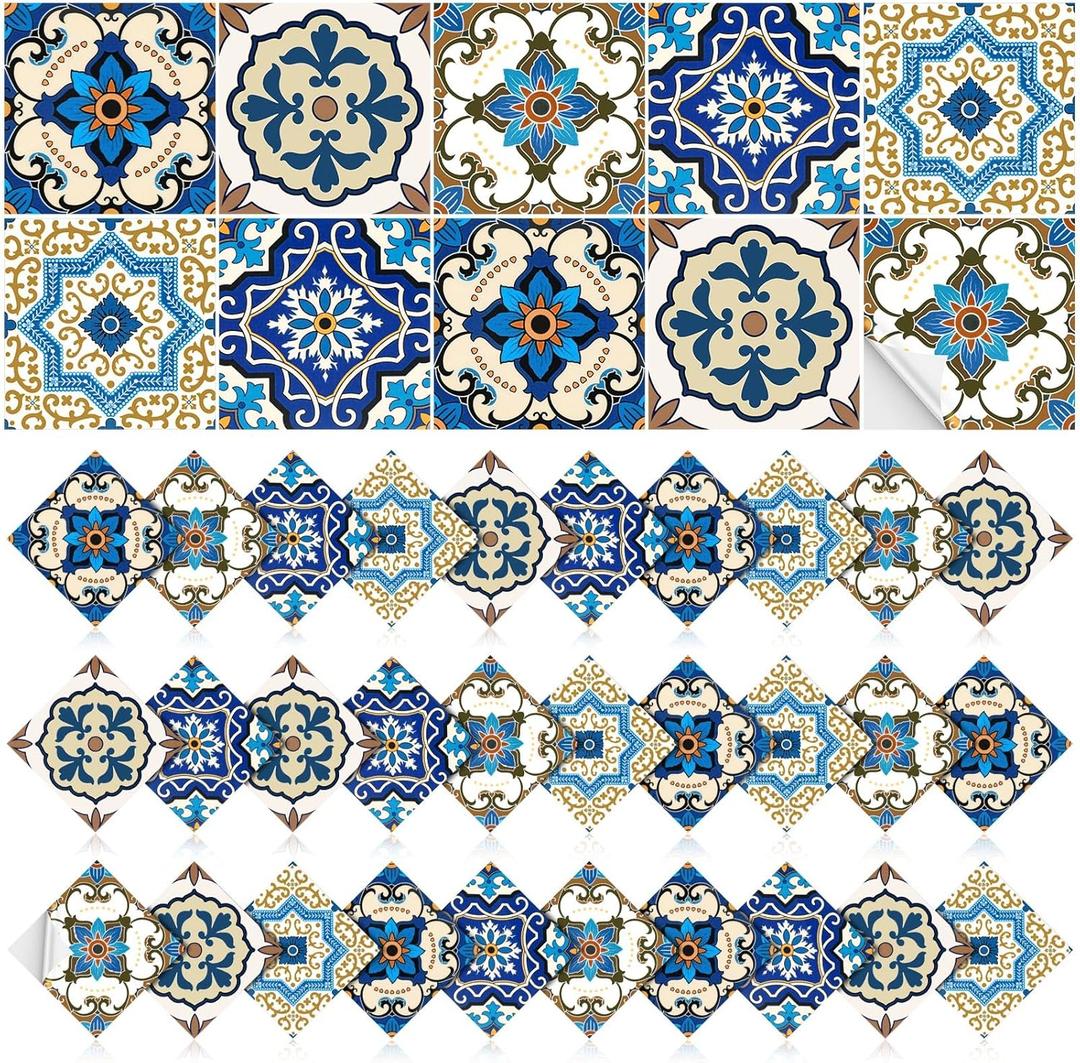 Honoson 60 Pack Colorful Talavera Tile 4x4 Inch Handpainted 10 Designs Peel and Stick Wall Tile Decor Bathroom Kitchen Wall Sticker Waterproof PVC Decoration Stickers - 2D Retro Sticker(Classic)