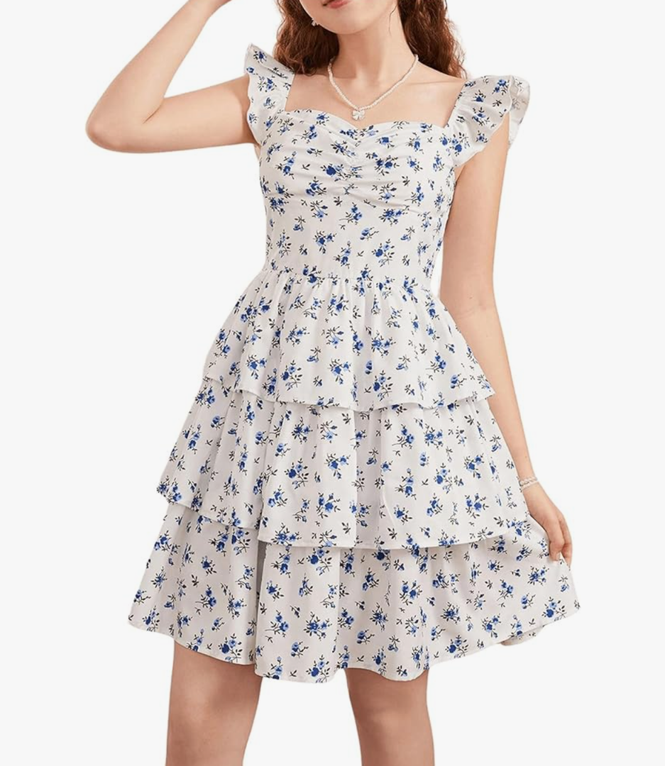 Girl's Floral Summer Dress - Ruffle, Shirred High Waist, Sweetheart Neckline, A Line Spring Dress 13 Years