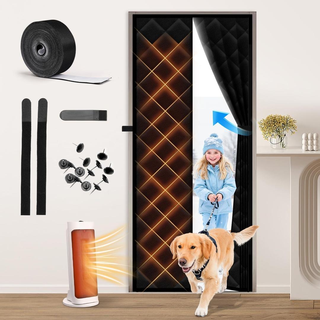 Magnetic Thermal Insulated Door Curtain Fit Doors 32'' x 80'', Thermal Door Insulation Cover for Winter, Oxford & Thicken Cotton Doors Blanket Screen for Attic,Front,Doorway,Sliding Glass,Black