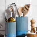 LE TAUCI Utensil Holder for Kitchen Counter, 7.3"+5.4" Fluted Ceramic Utensil Crock Organizer for Countertop, Heavy Large Holder for Spatulas, Spoons, Set of 2, Blue Marble