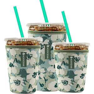 Reusable Iced Coffee Cup Sleeve Insulator for Cold Beverages and Neoprene Cold Coffee Cup Sleeves Cooler Cover 16-32OZ for Coffee Cups, McDonalds, Dunkin Donuts, More(Floral green)