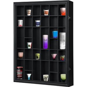 Shot Glass Display Case, 34 Shot Glass Holder Display Case for Wall, Shot Glass Rack Organizer Display Cabinet Lockable with 98% UV Protection Acrylic Door and Removable Shelf, Black