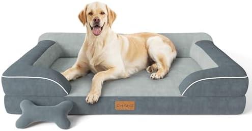 CWAWZ Jumbo Dog Bed for Extra Large Dogs, Orthopedic Dog Bed with Cooling Gel Memory Foam, Waterproof Pet Bed with Removable Washable Cover, 45" Pet Sofa Couch Dutch Velvet with Bone Toy, Dark Gray