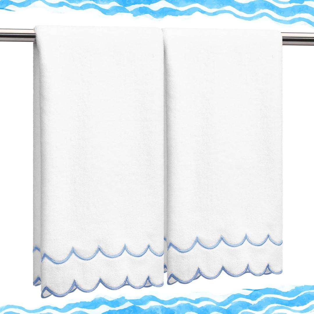 Hahafelt 2 Pcs Scalloped Hand Towels 100% Cotton Fingertip Towels for Bathroom 15.75 x 27.56 Inch 600 GSM Cute Soft Absorbent Embroidered Decorative for Home Hotel(Blue,Classic)