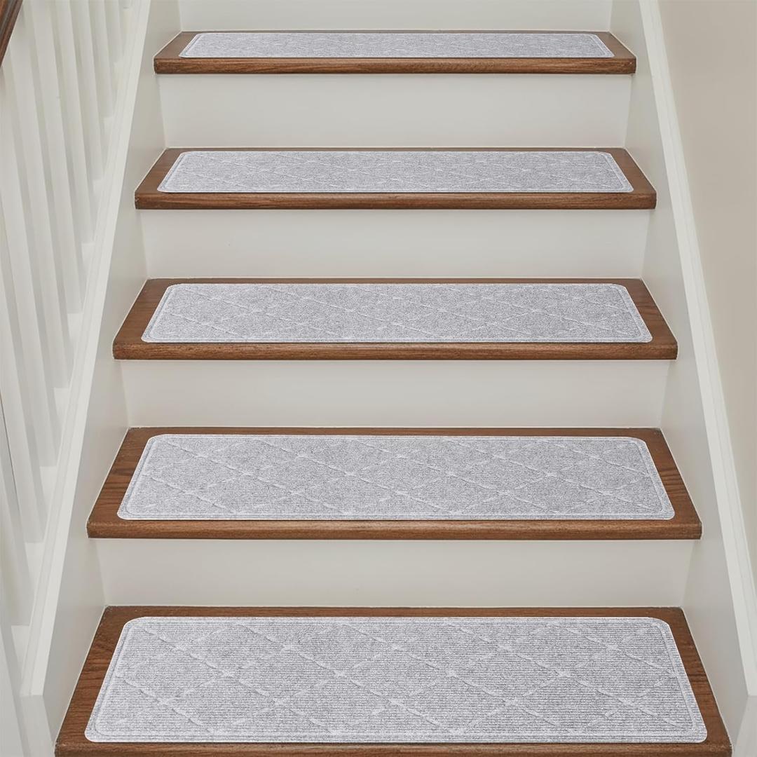 Stair Treads Non Slip for Wooden Steps Indoor, 15 Pack 9" X 28" Carpet Runners for Wood Stairs with Self-Adhesive Backing, Stickiness Stair Rugs for Kids Elders and Dogs, Diamond Light Grey