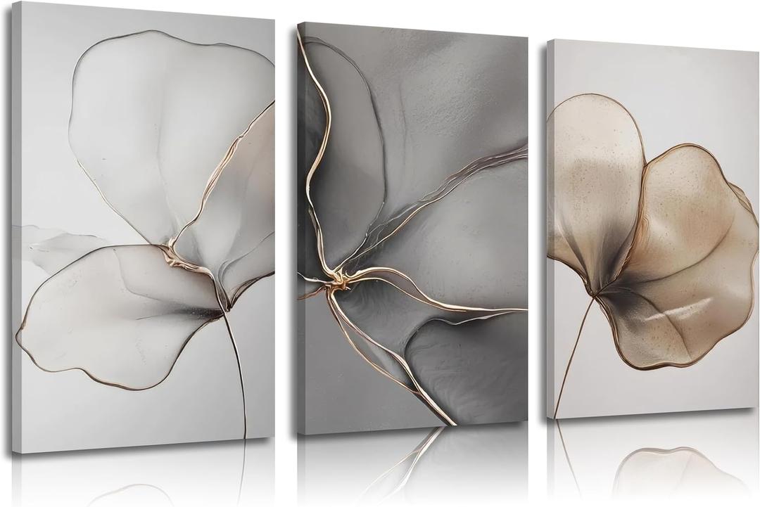 Abstract Floral Canvas Wall Art - Minimalist Gold Line Petal Picture Wall Decor - Modern Neutral Botanical Print Artwork for Living Room, Bedroom & Entryway Home Decoration 16x24in Beige Gray & Gold