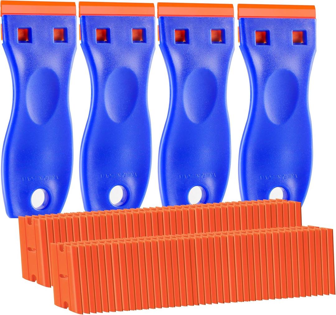 4 PCS Plastic Razor Blade Scraper and 120 PCS Plastic Razor Blades, Cleaning Scraper Tool for Remover, Adhesive, Stickers, Decals, Glass, Labels, Cars Windows (Blue)